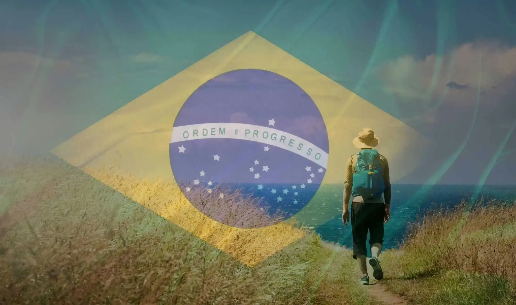Peregrino caminhando por uma trilha costeira com a bandeira do Brasil sobreposta