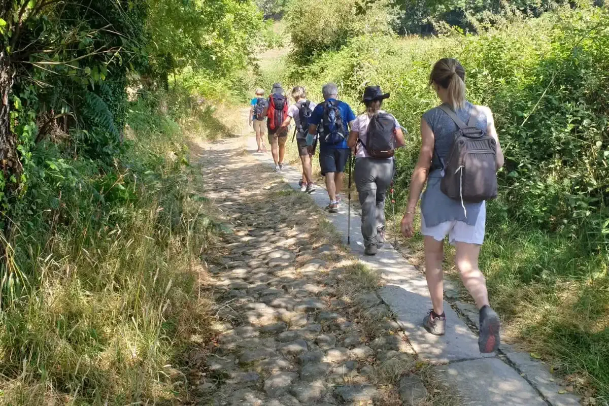 Peregrinos en fila en el Camino de Santiago Francés